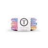 TELETIES small spiral hair ties in multicolor, iridescent pink, yellow, and blue. Doubles as a bracelet. Waterproof. Strong grip no ripping.
