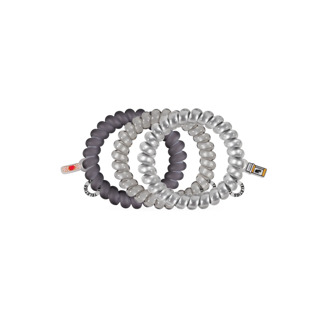 TELETIES Good Hair Rx large spiral hair ties in grey and silver with medical-themed charms for healthcare workers.
