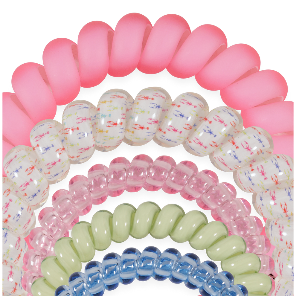 TELETIES Pinch Me! Mix Pack hair ties in pink, white with lobster print, light pink, mint green, and blue.
