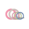 TELETIES Pinch Me! Mix Pack hair ties in pink, white with glitter, light pink, pale green, and blue. Spiral design.
