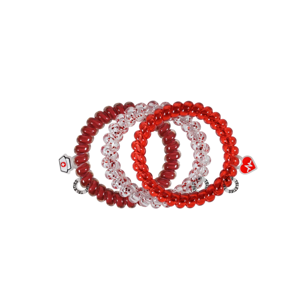 TELETIES Heart and Hustle large hair ties in red and clear, featuring medical-themed charms for healthcare workers.

