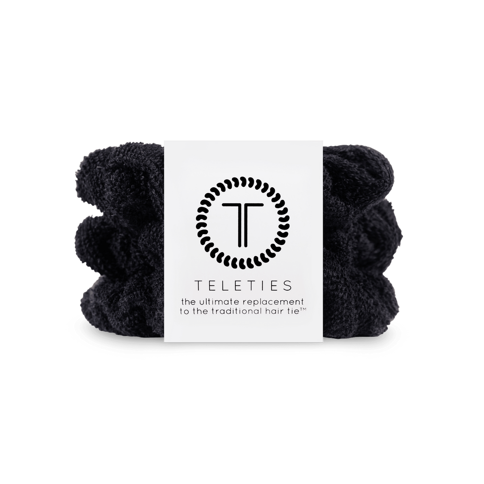 TELETIES jet black large terry cloth scrunchies with non-slip inner coil for secure hold without damage.
