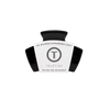 TELETIES classic jet black petite hair claw clip with branded packaging on a black background.
