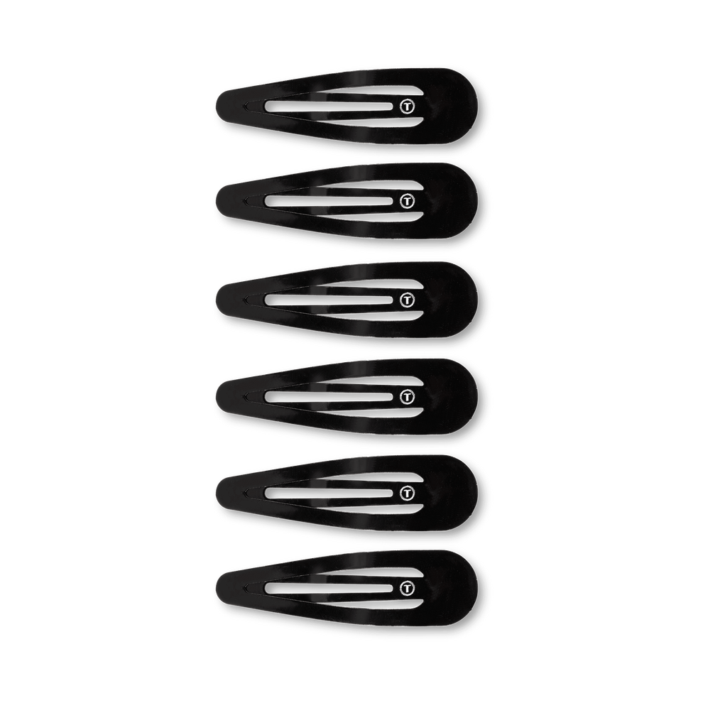 TELETIES Jet Black Snap Clips (6Ct) are black metal hair clips with a seamless tip for a no-snag feel, perfect for styling, bangs, and all hair types.
