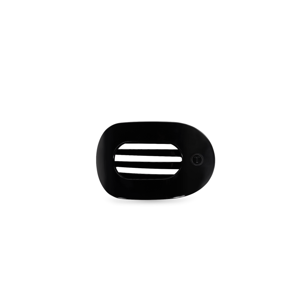 TELETIES jet black tiny flat round clip with horizontal slats and embossed logo
