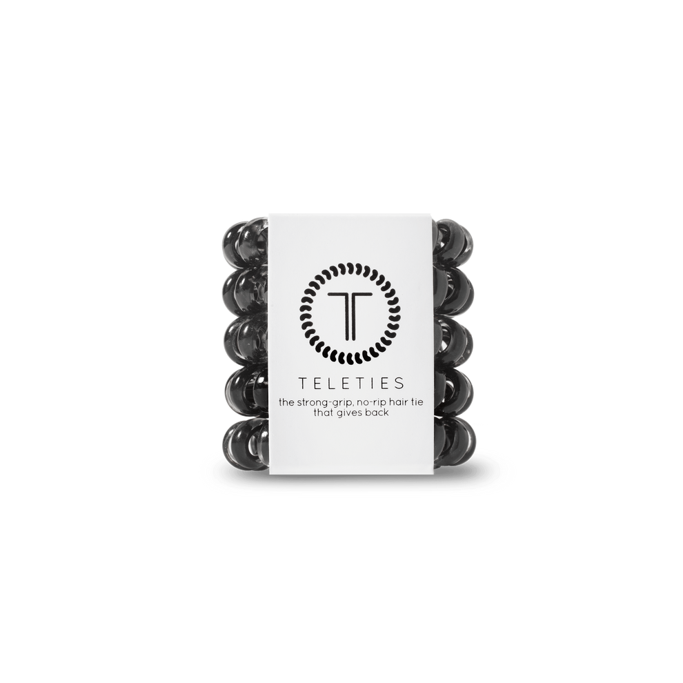 TELETIES Jet Black Tiny Hair Ties for braids, kids' hair, or thin strands. Strong, damage-free grip.
