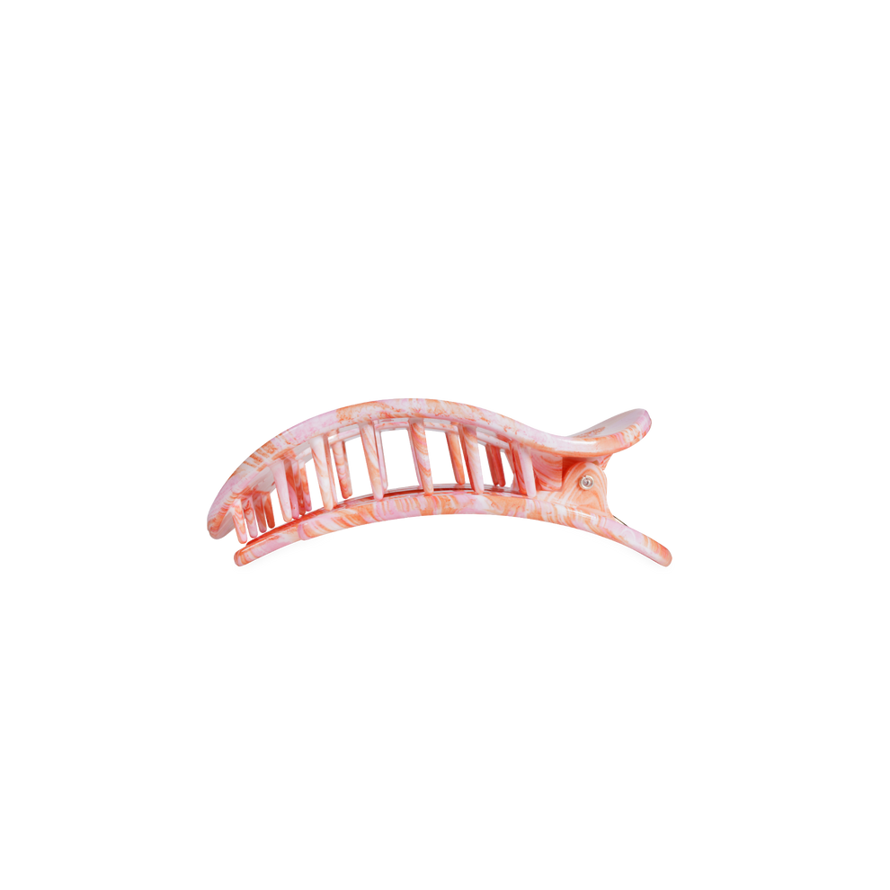 TELETIES Just Keep Swimming small flat round hair clip in pink and orange marbled pattern. Bendable teeth.
