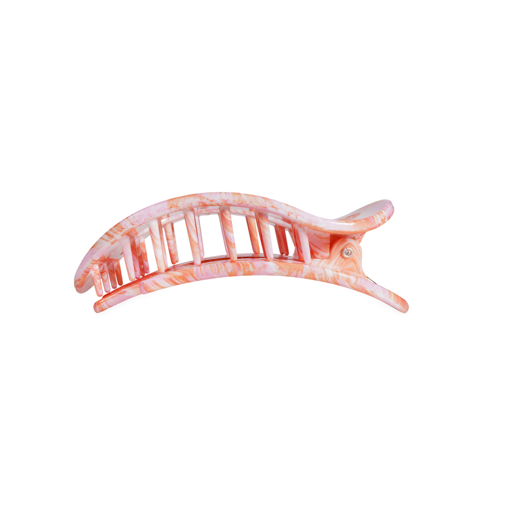 TELETIES Just Keep Swimming medium flat round hair clip in pink and orange marbled pattern. Bendable teeth.
