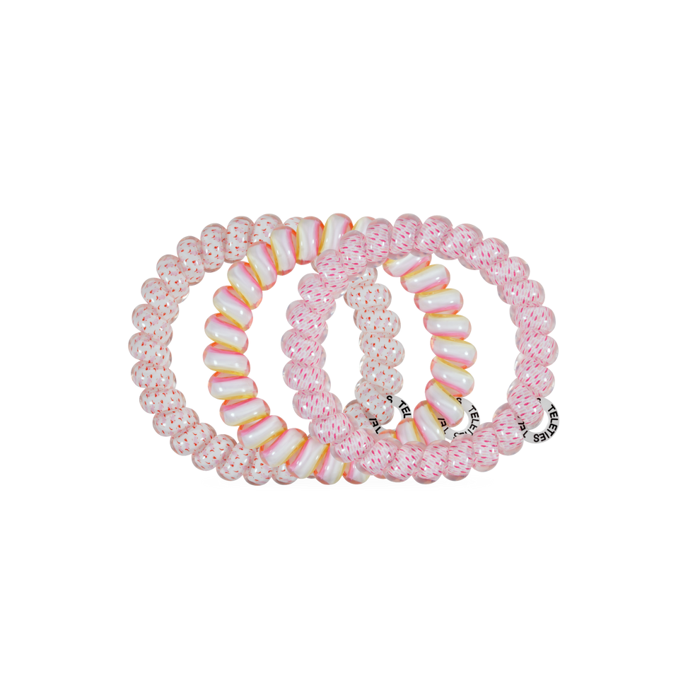 TELETIES Just Keep Swimming large pink and white spiral hair ties, sold in packs of three.
