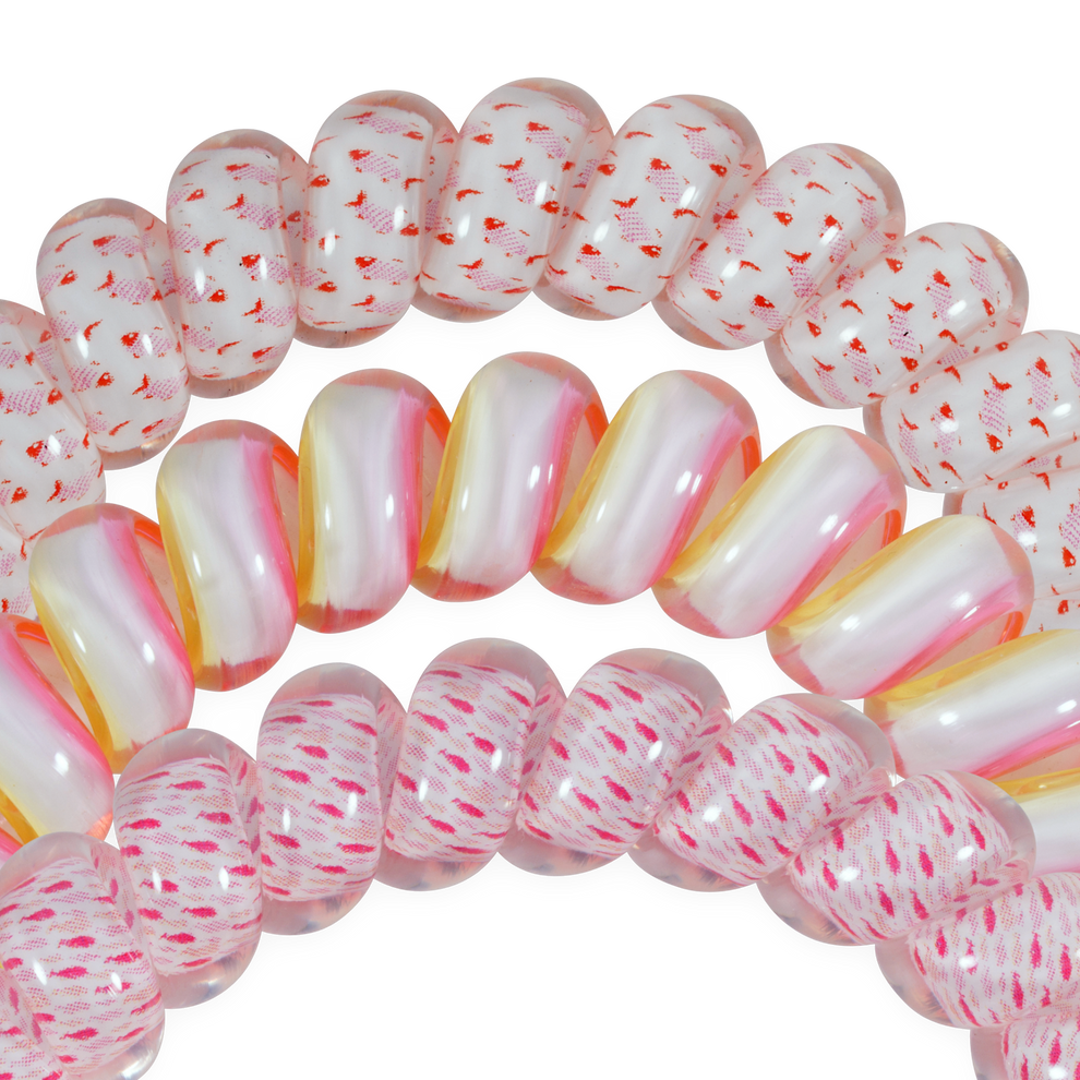 TELETIES Just Keep Swimming large hair ties in pink, white, and yellow with fish pattern. Pack of 3.
