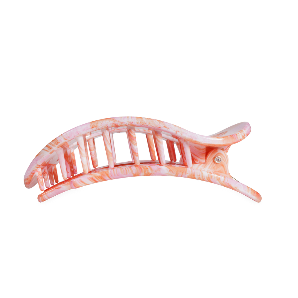 TELETIES Just Keep Swimming large flat round hair clip in pink and orange marble pattern. Designed for comfort when lying down.
