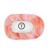 TELETIES Just Keep Swimming large flat round hair clip in pink and orange marble pattern. Features bendable teeth.
