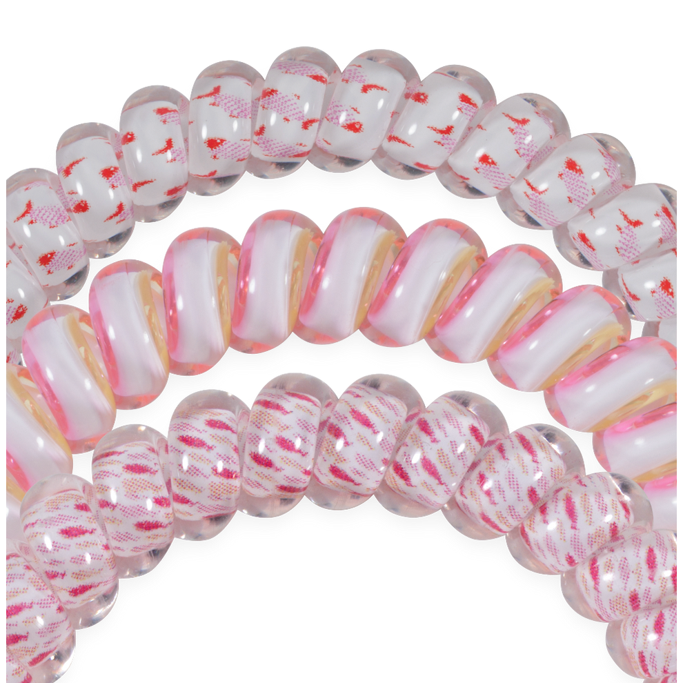 TELETIES Just Keep Swimming Small Hair Ties in pink and white with a fish scale pattern. Gentle, waterproof, and doubles as a bracelet.

