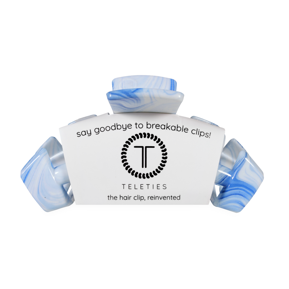 TELETIES Classic Tide & True Large Claw Clip in blue marble pattern. Durable, lightweight hair clip for all hair types.
