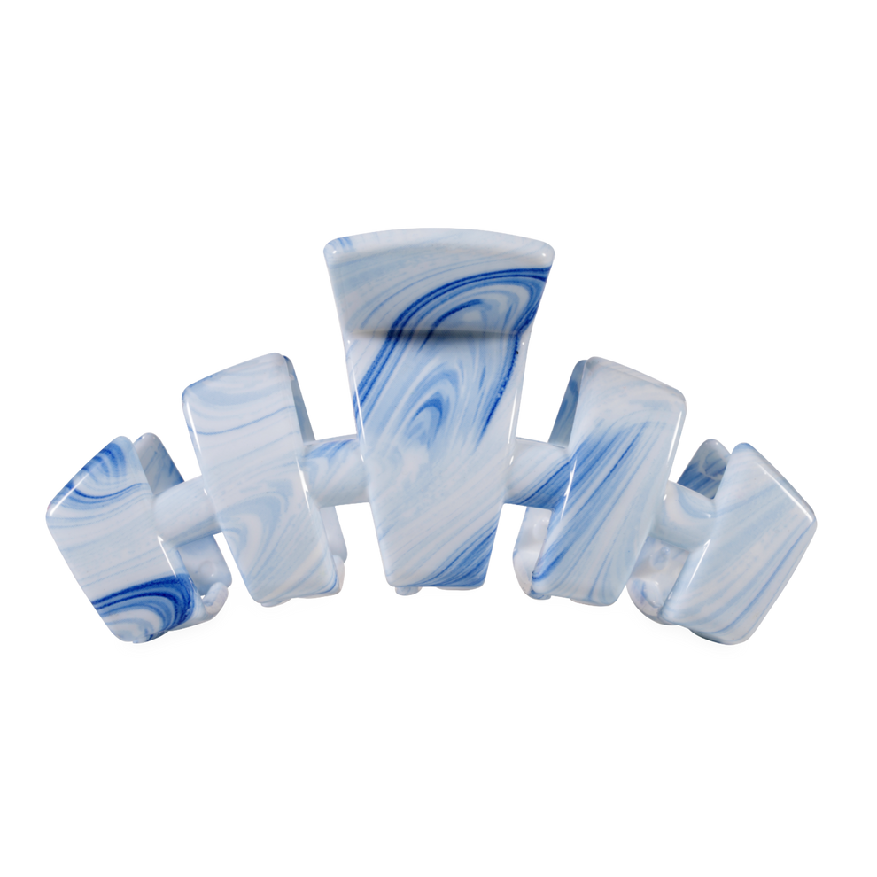 TELETIES Classic Tide & True Large Claw Clip in blue and white marbled acetate. Features bendable teeth for a secure hold.
