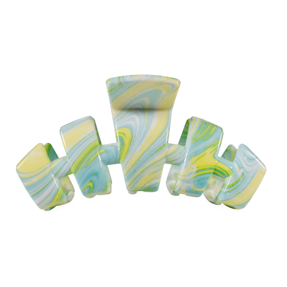 TELETIES By the Sea Shore Large Claw Clip in green with a marbled pattern of yellow, blue, and white. Features bendable teeth for a secure hold.
