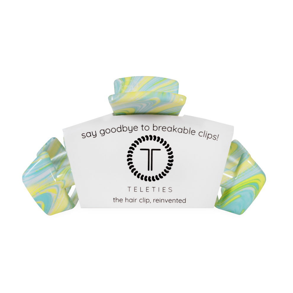 TELETIES By the Sea Shore large claw clip in swirled green, yellow, and blue. Durable, lightweight hair accessory.

