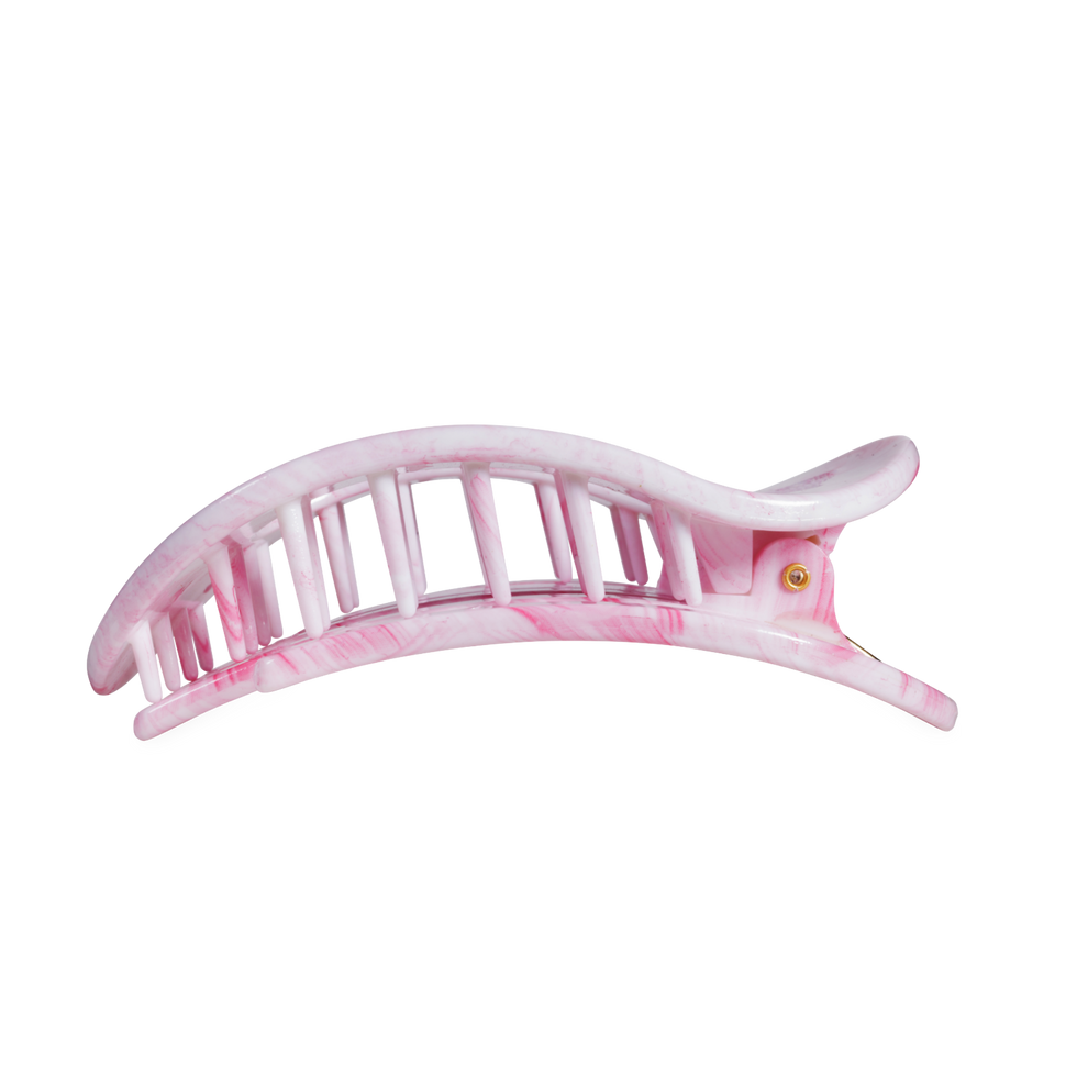 TELETIES Pinch Me! Large Flat Round Hair Clip in pink marble. Designed for comfortable laying flat.

