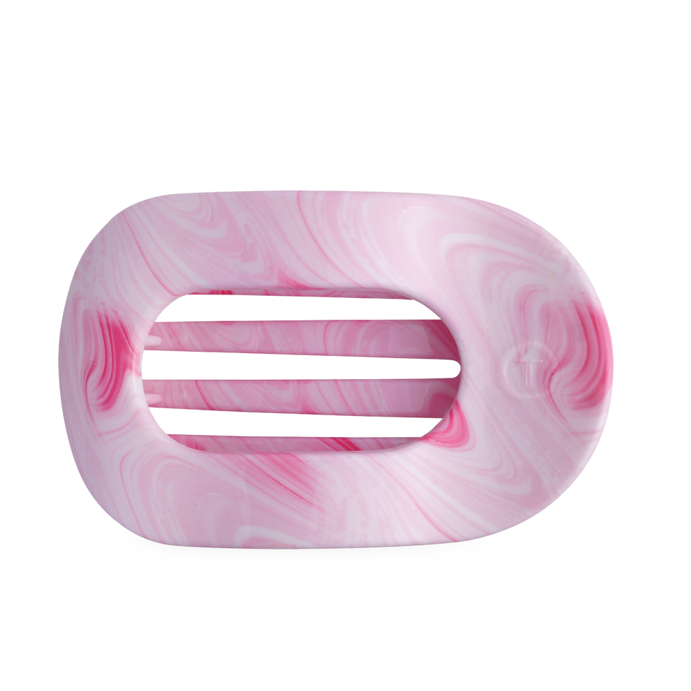 TELETIES Pinch Me! Large Flat Round Hair Clip in pink marble pattern. Designed for comfortable wear.
