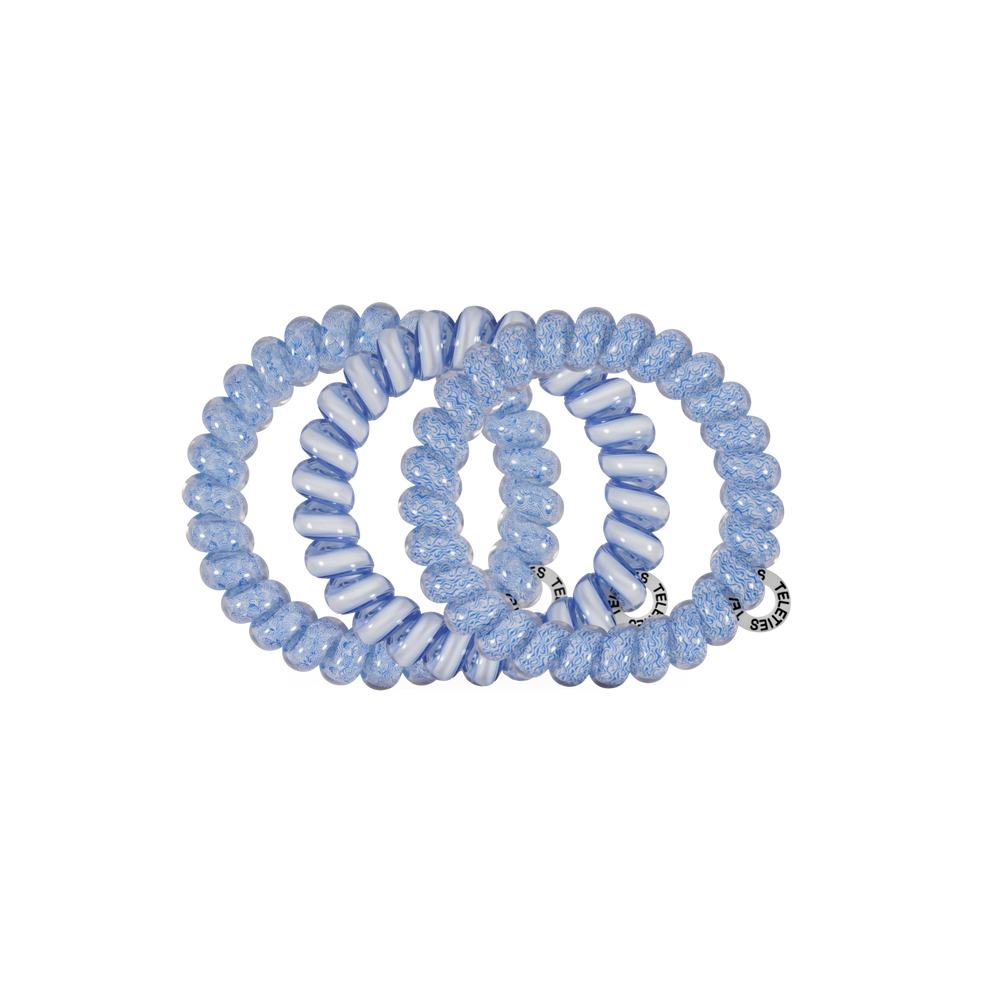 TELETIES blue large spiral hair ties with a patterned design, sold in packs of three.
