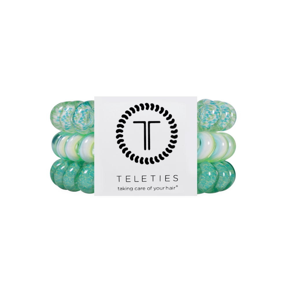 TELETIES By the Sea Shore large green spiral hair ties, sold in packs of three. Gentle on hair, waterproof.
