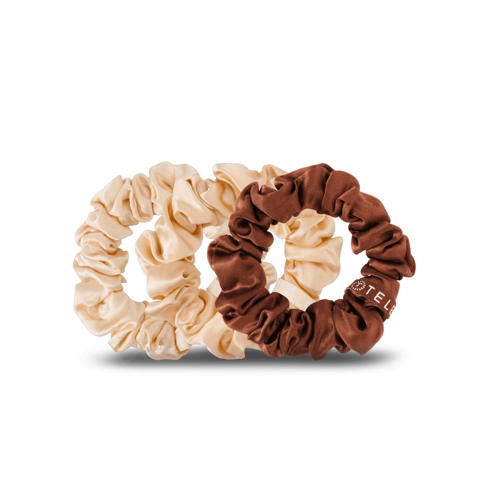 TELETIES For the Love of Nudes large silk scrunchies in neutral colors. Pack of three 100% silk scrunchies that is gentle on hair and prevents breakage, headaches and creases.

