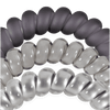 TELETIES Good Hair Rx large spiral hair ties in three shades of grey, designed for a secure, no-crease hold.
