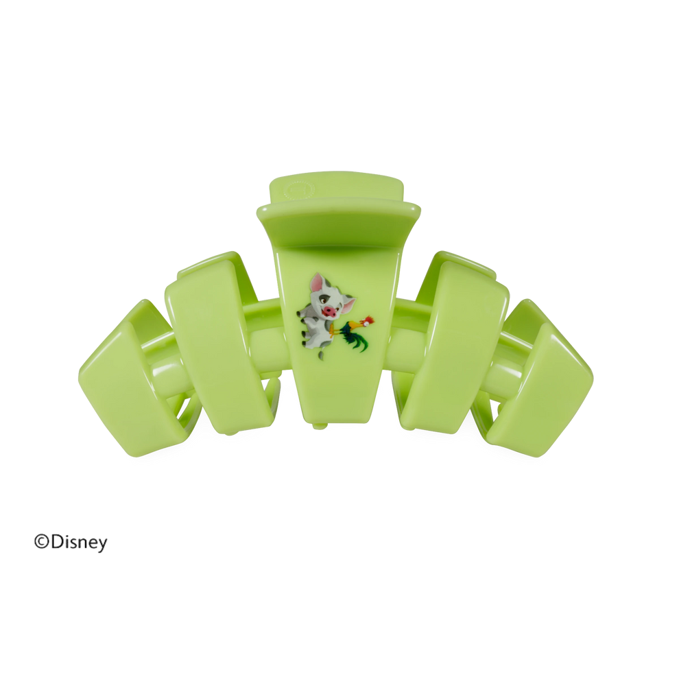 TELETIES medium lime green hair claw clip featuring a Disney Pua and Heihei graphic for secure, damage-free styling.
