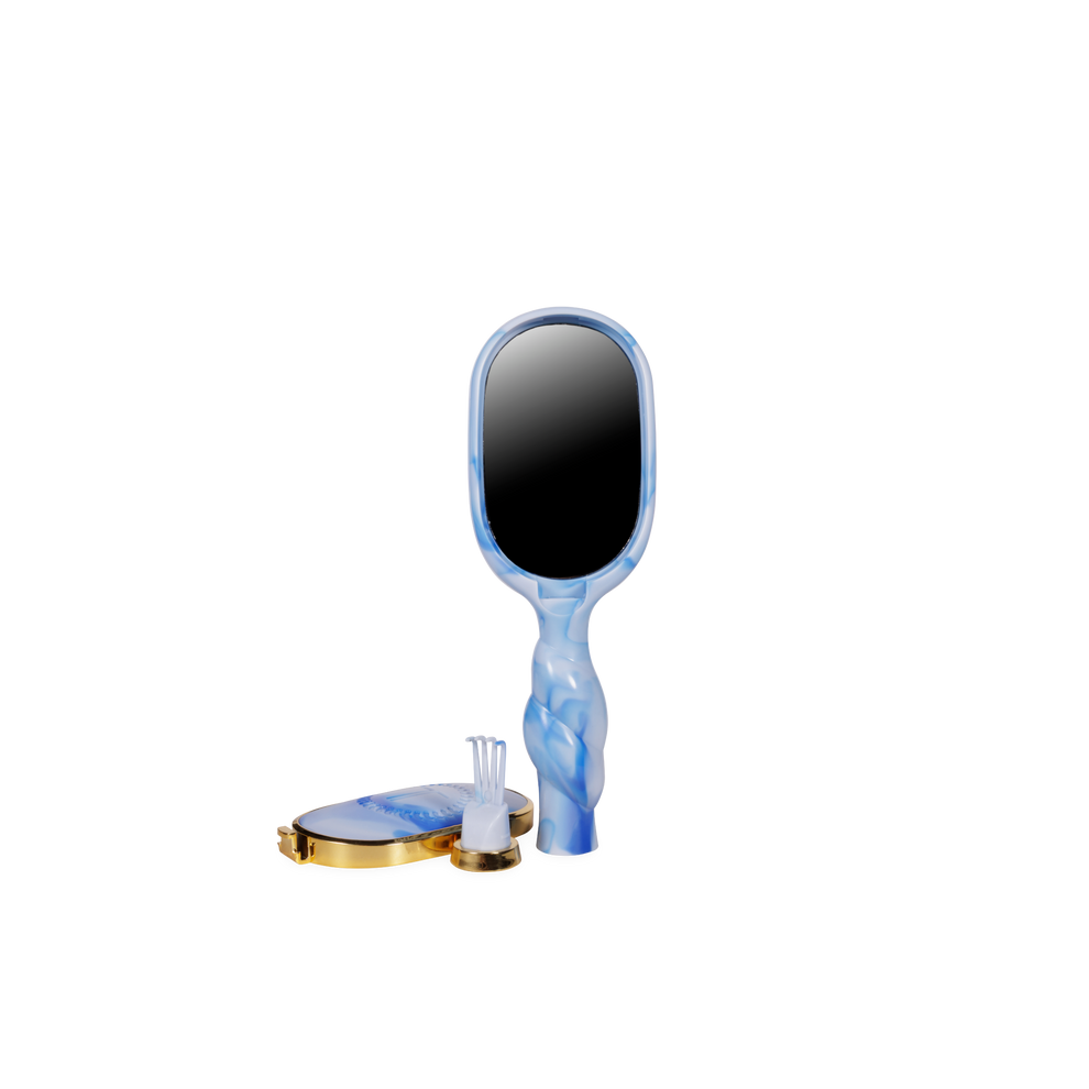 TELETIES blue tie-dye mini detangler hair brush with built-in mirror and storage case
