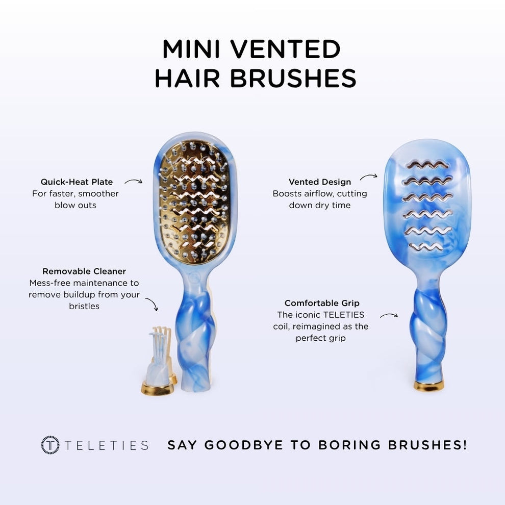 TELETIES mini vented hair brush with blue marble handle and gold bristles, features quick-heat plate and removable cleaner.
