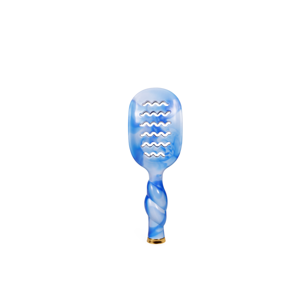 TELETIES mini vented hair brush with blue marble pattern and twisted handle. Ideal for travel and quick styling.
