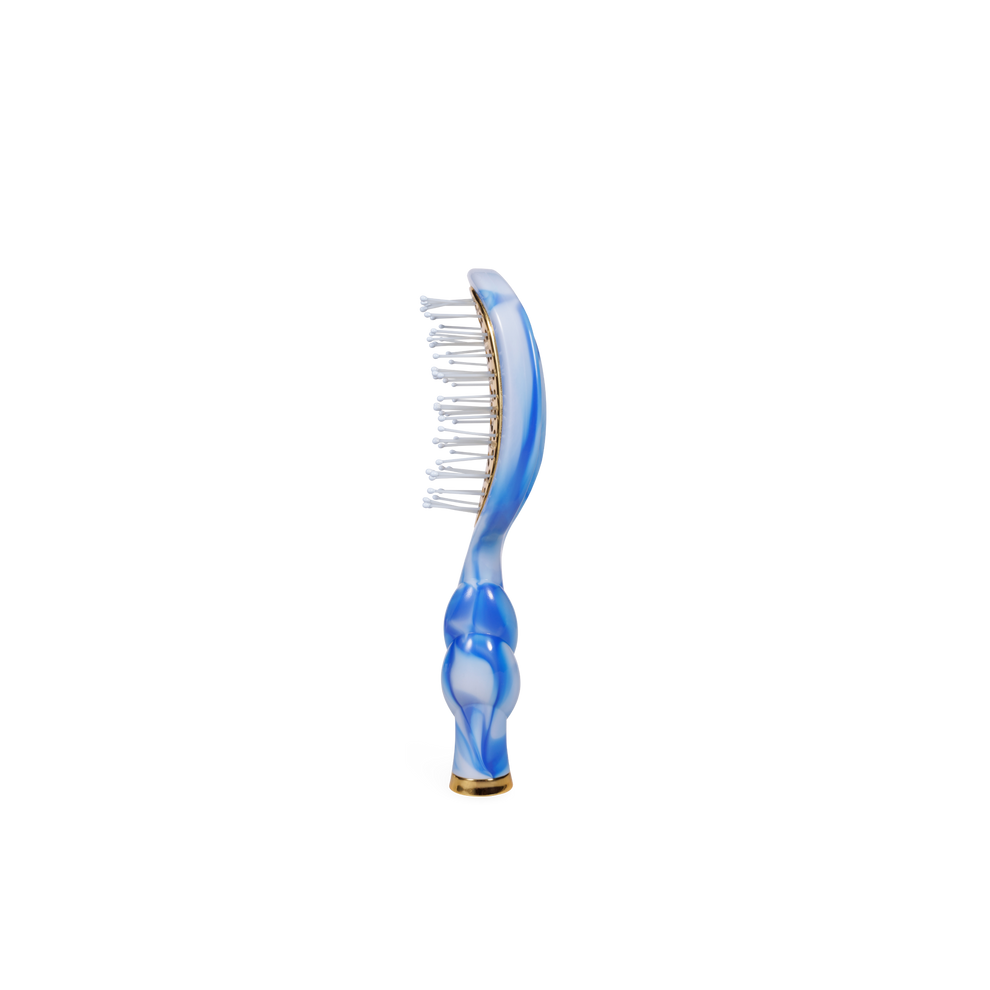 TELETIES mini vented hair brush with blue and white swirl pattern and gold accent. Ideal for travel.
