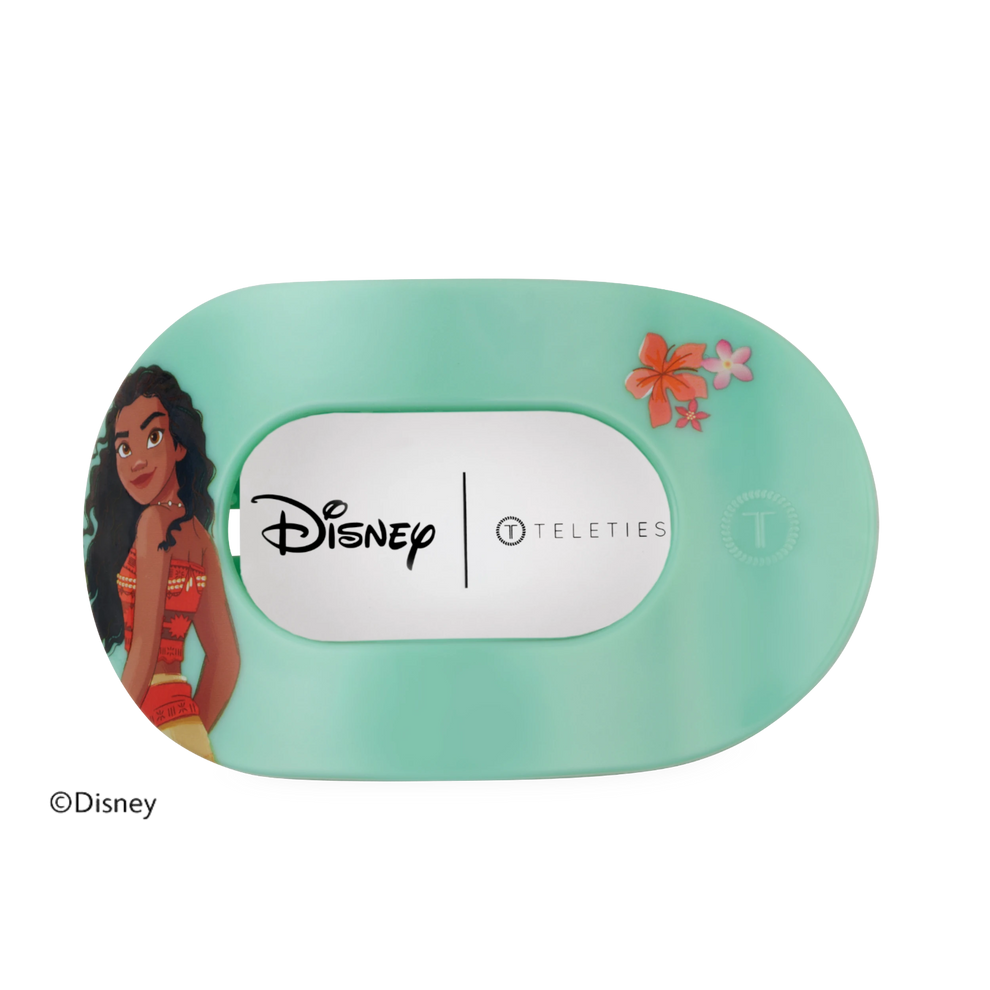 TELETIES Disney Moana large flat round hair clip in mint green with Moana character art and floral accents. unbreakable
