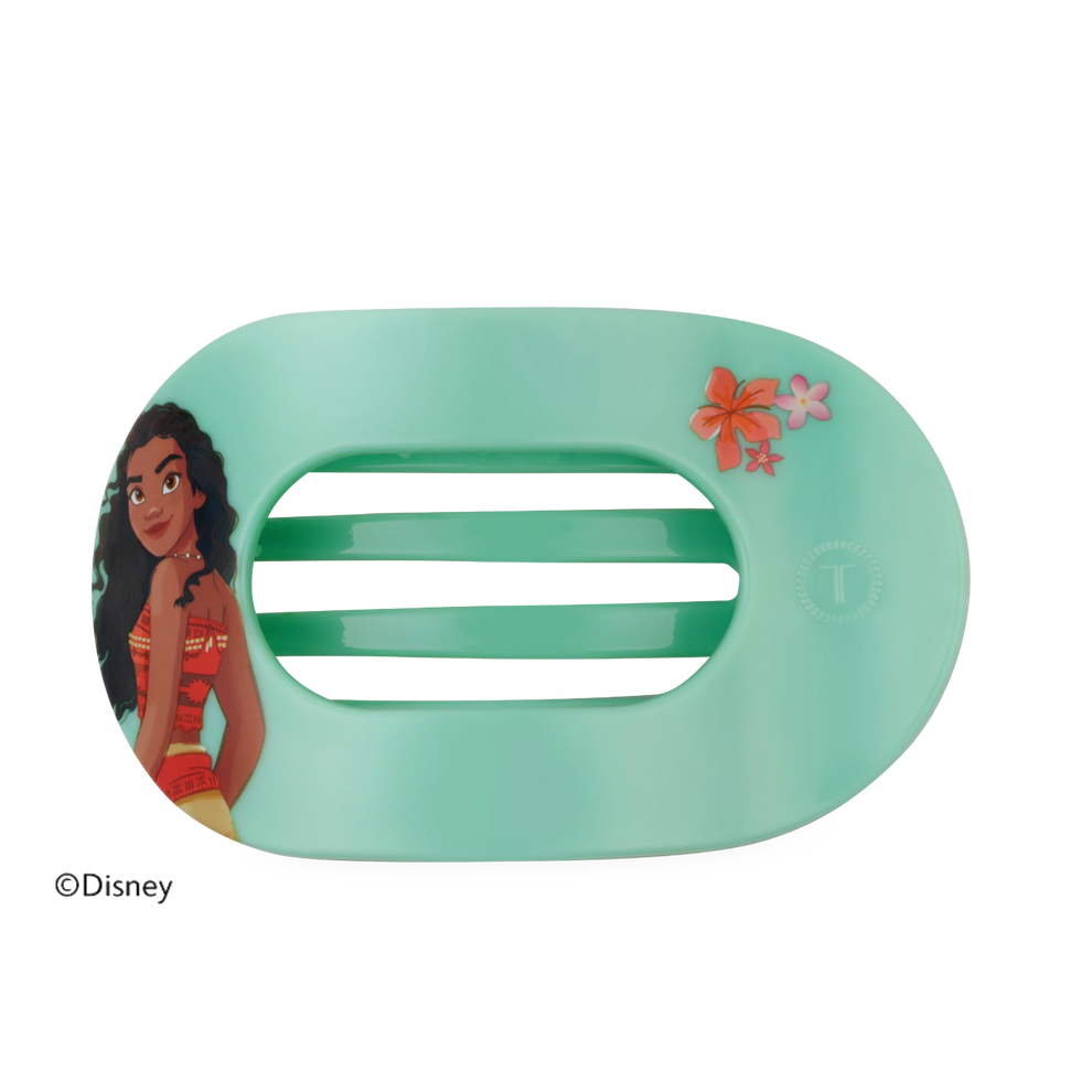 TELETIES Moana large flat round hair clip in mint green with Disney character graphic and floral accents

