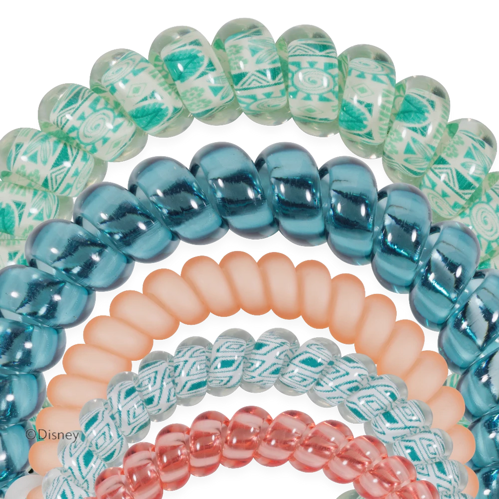 TELETIES Moana and Friends spiral hair ties in blue, peach, and patterned green, featuring a strong, no-rip design.
