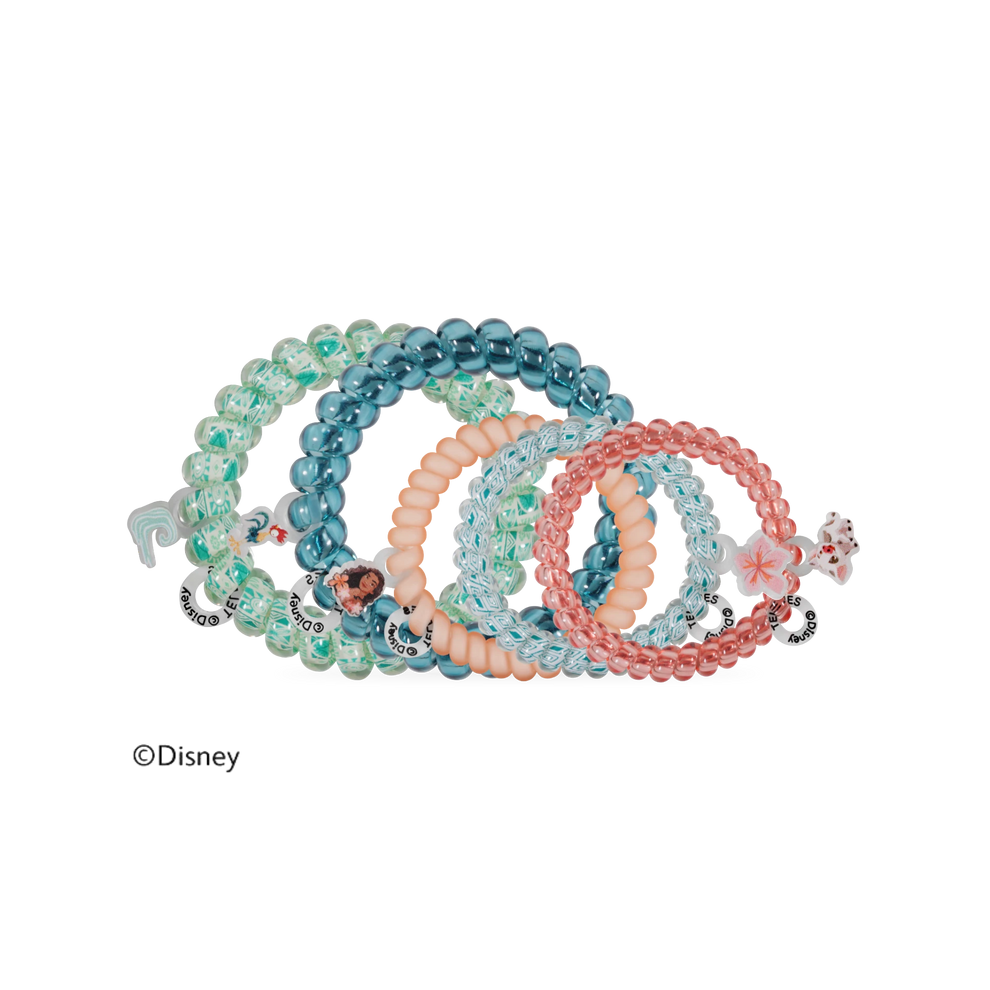 TELETIES Princess Moana and Friends mixed pack of five spiral hair ties in blue, green, and peach with character charms.
