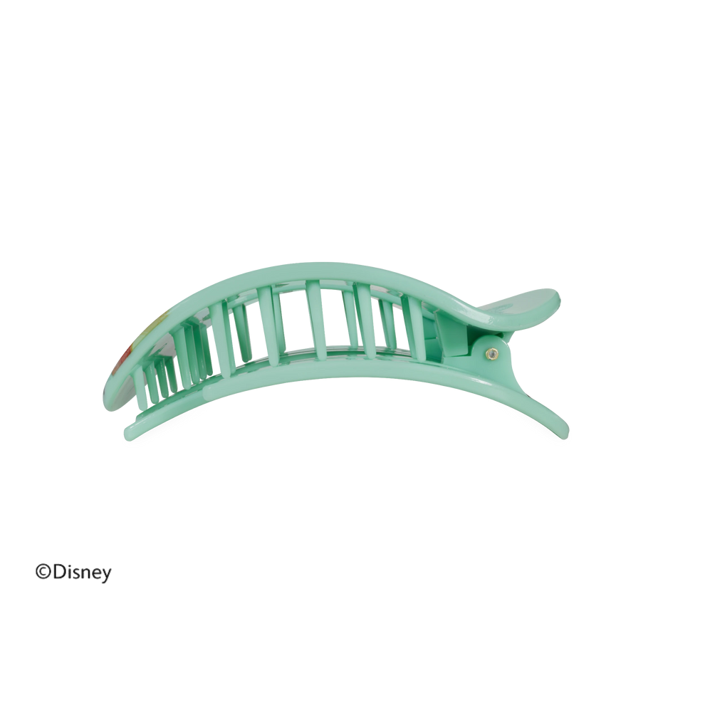 TELETIES Disney's Princess Moana medium flat round hair clip in mint green with pink flowers with flexible and unbreakable teeth.
