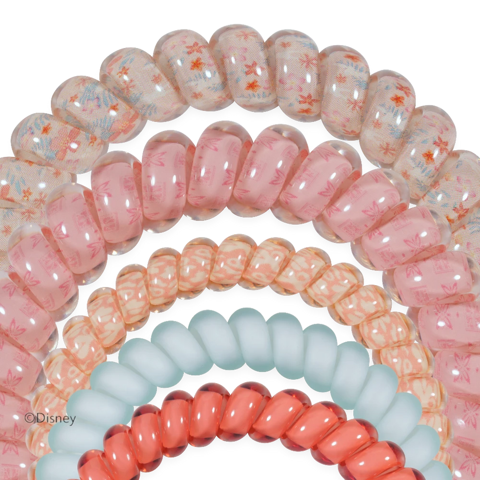 TELETIES Princess Moana mixed hair ties in a five-pack featuring spiral coil designs in shades of pink, coral, and light blue.
