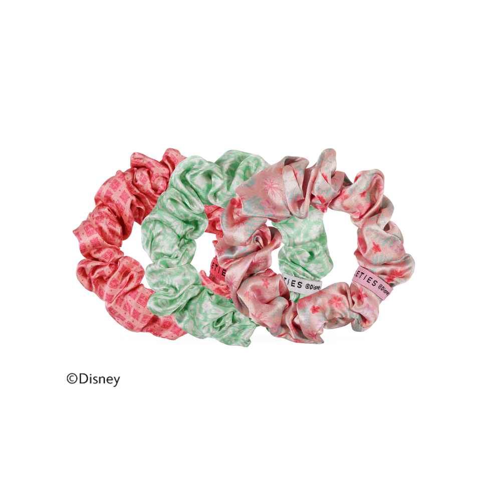 TELETIES Disney Moana large silk scrunchies in pink and green with non-slip coil technology, set of three.
