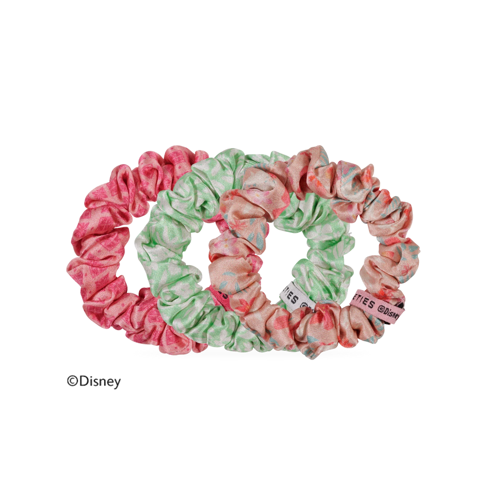 TELETIES Moana small silk scrunchies in pink and green floral patterns with non-slip inner coil technology
