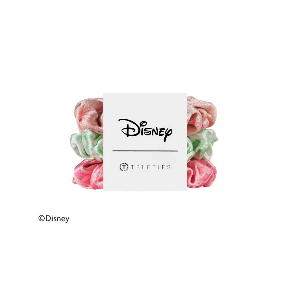 TELETIES and Disneys Moana small silk scrunchies in pink and green with non-slip coil technology, pack of three.
