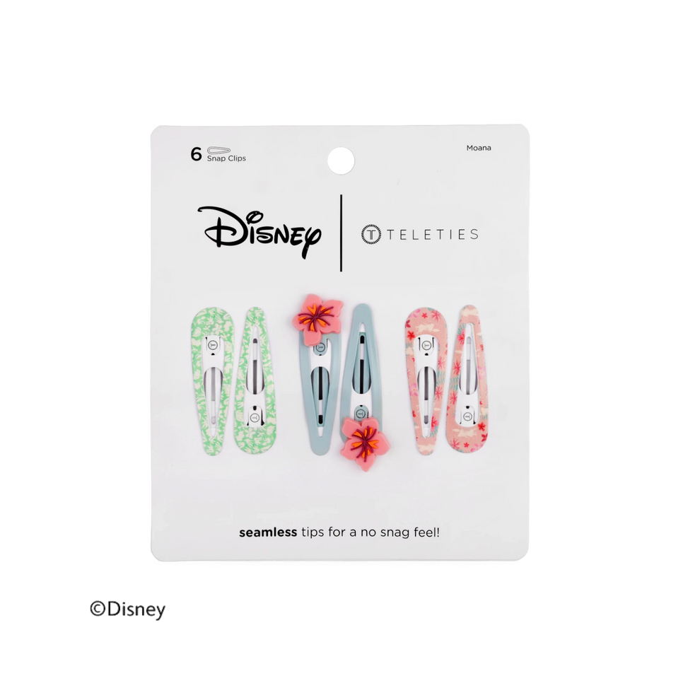 TELETIES Disney Moana snap hair clips in a 6-pack featuring floral patterns and pink flower embellishments.
