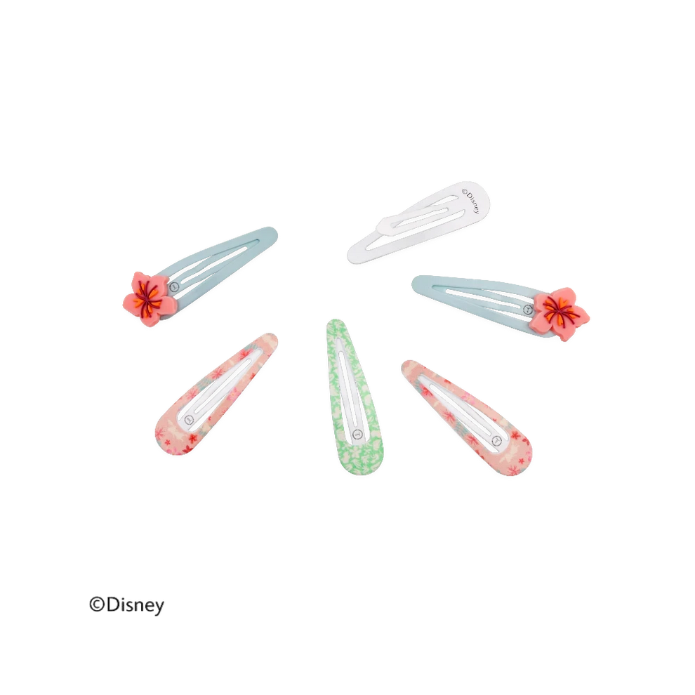 TELETIES Moana snap hair clips in a 6-pack featuring floral designs and pastel colors for secure, gentle styling.
