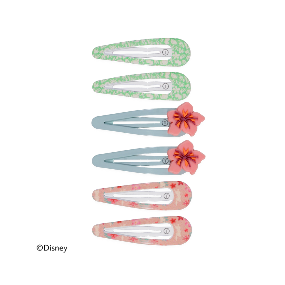 TELETIES Moana snap hair clips in a 6-pack featuring floral patterns, pastel colours, and tropical flower accents.
