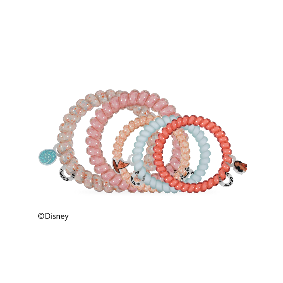 TELETIES Moana mixed pack hair ties in coral, pink, and blue with spiral design and Disney character charms.
