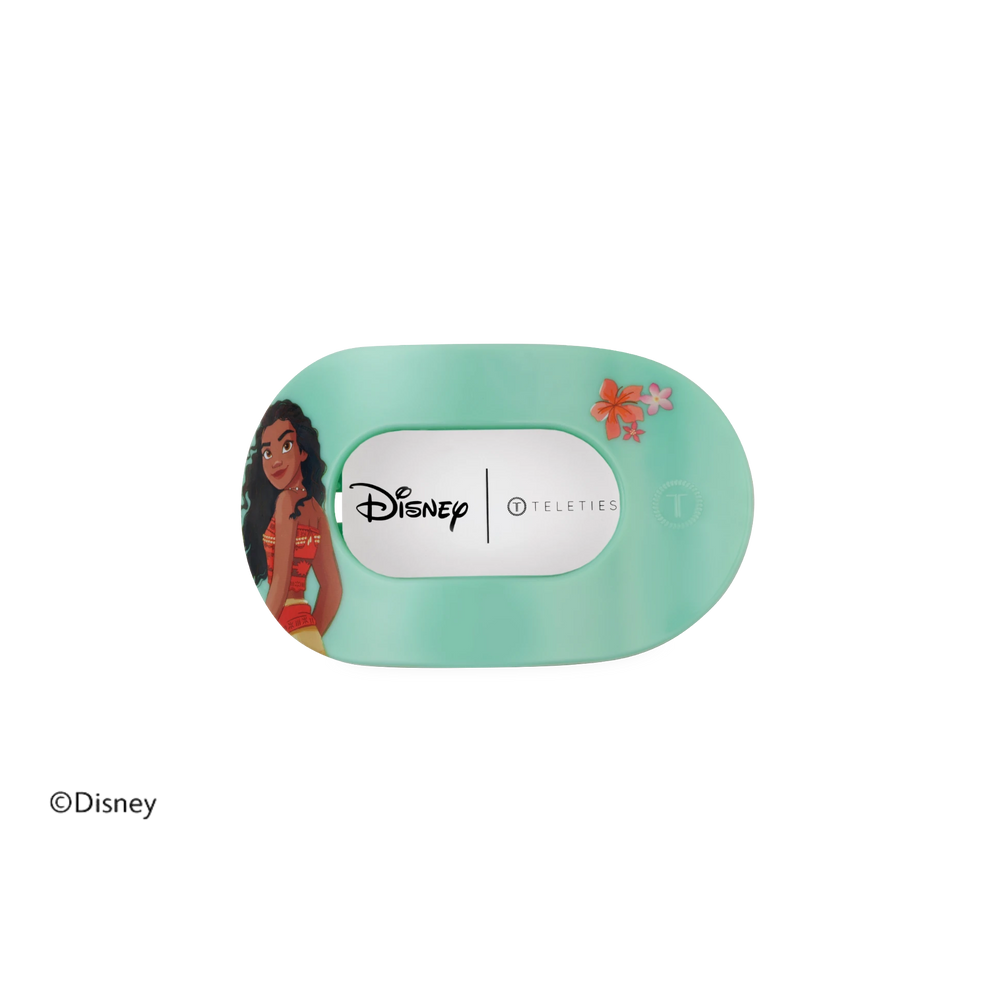 TELETIES Moana small flat round hair clip in teal with Disney character graphic and floral accents
