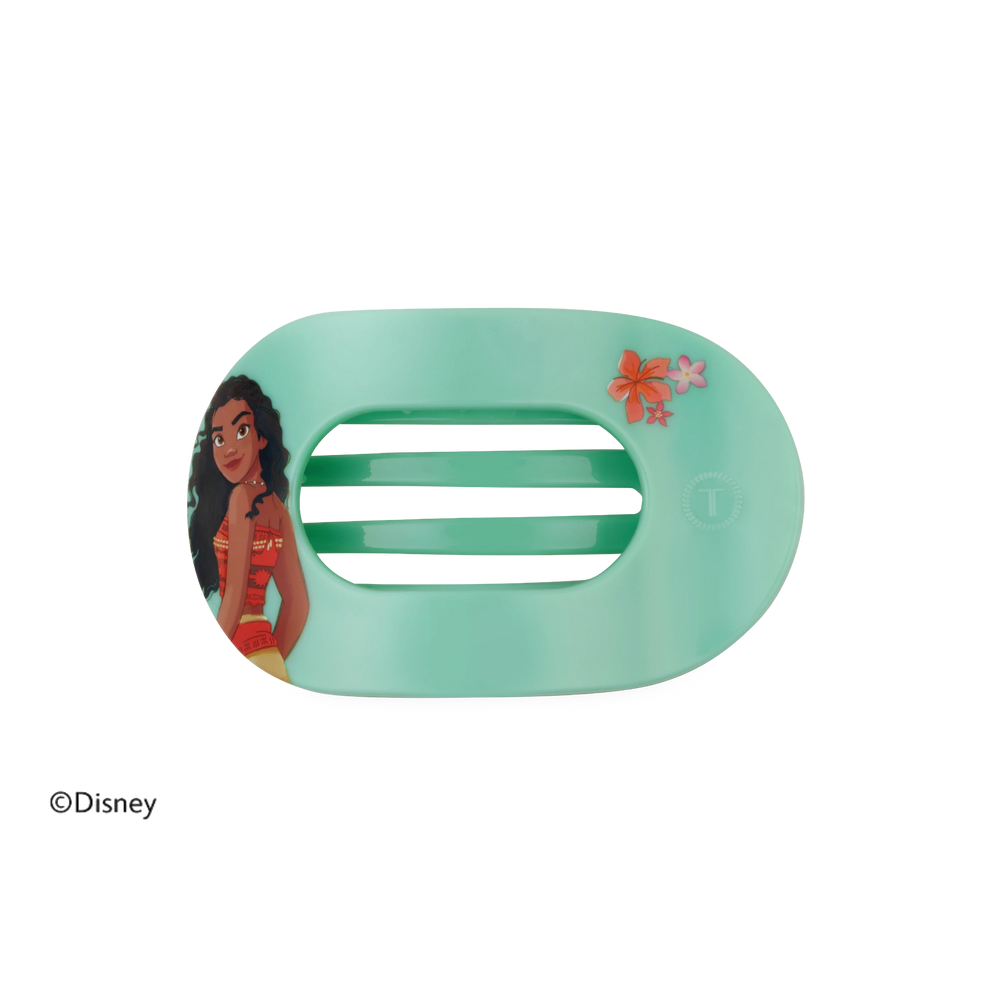 TELETIES Moana medium flat round hair clip in mint green with Disney Princess graphic and floral accents
