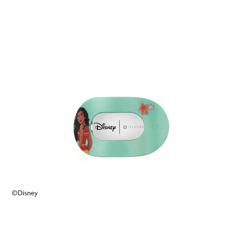 TELETIES Moana tiny flat round hair clip in light teal with floral accents and a Princess Moana character graphic.
