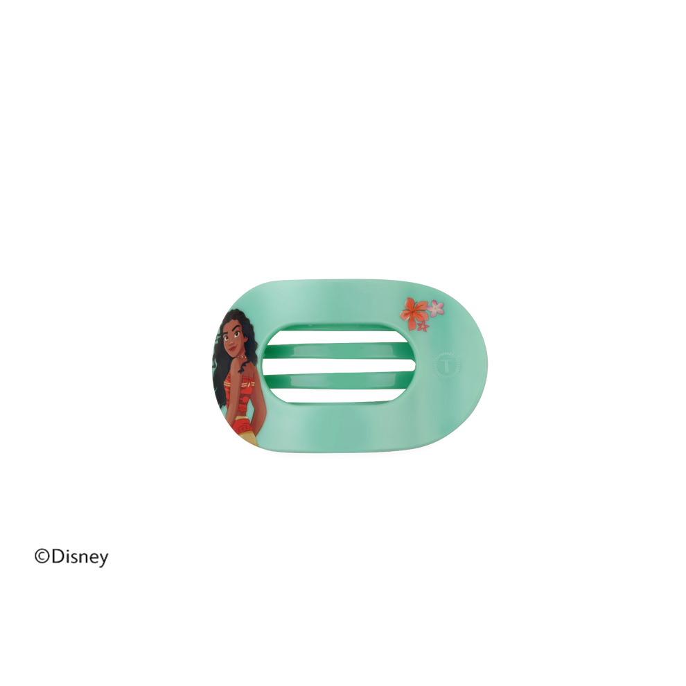 TELETIES Moana tiny flat round hair clip in mint green with Moana character and floral detail for precise styling.
