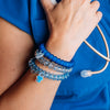 TELETIES On Call large hair ties in blue and clear worn as bracelets on a healthcare worker in blue scrubs
